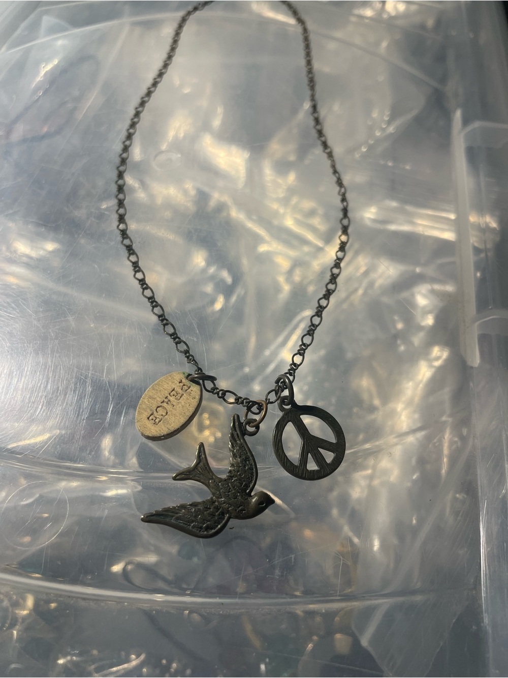 Black Charm Necklace with Bird & Peace Sign